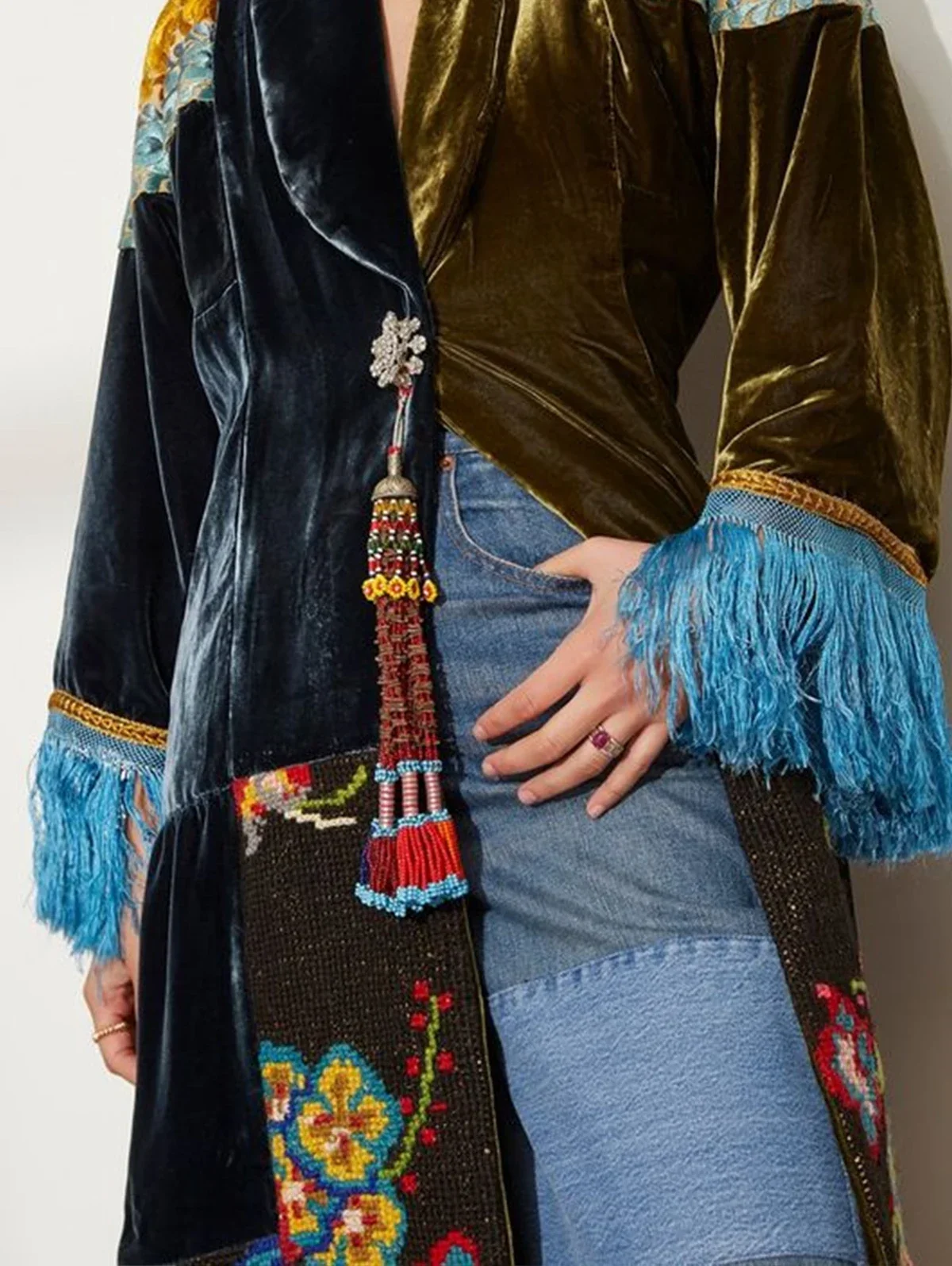 Fashionable Women Tassel Jacket Ethnic Pattern Print Patchwork Velvet Shawl Square Collar Contrast Color Long Sleeve Coat