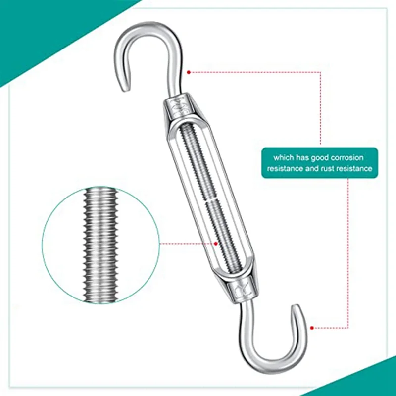 Tensor de gancho y gancho para tensión de Cable de acero inoxidable 304, paquete de 12 unidades