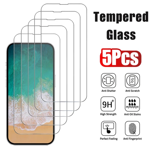 5 piezas de vidrio templado para iPhone 17 16 15 14 13 12 Pro Max Protector de pantalla para iPhone 12Mini 13Mini 14 Plus 14Pro Glass 16Pro Max