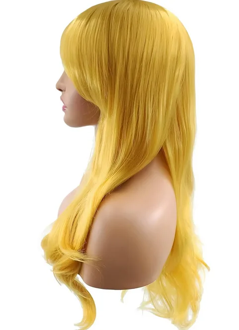 Yellow Curly Wig Long Cosplay Wig With Bangs Side Part Wigs for Women Synthetic body Wave Wigs for White Women with Wig cap Pa