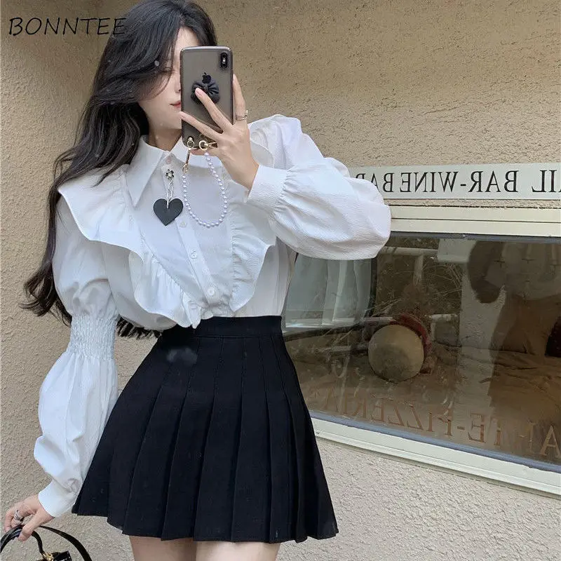 

Lantern Sleeve Shirts Women Gentle Temper Ruffles Korean Fashion Design Unique All-match Solid Streetwear Casual Ins Spring Y2k