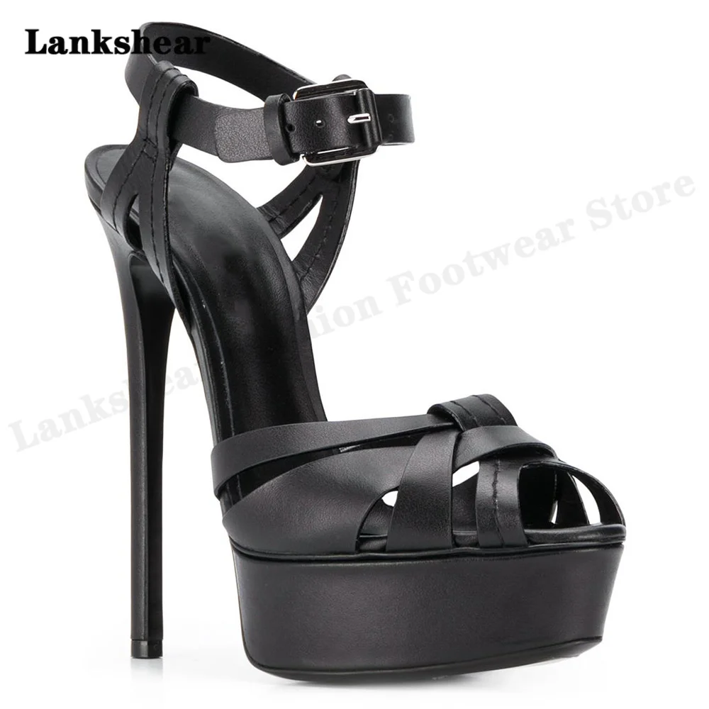 

Buckle Black Pu Round Toe Fashion Sandals Stiletto Heel Waterproof Platform Banquet Sandals Large Size 34-46 Rose Red Sandals