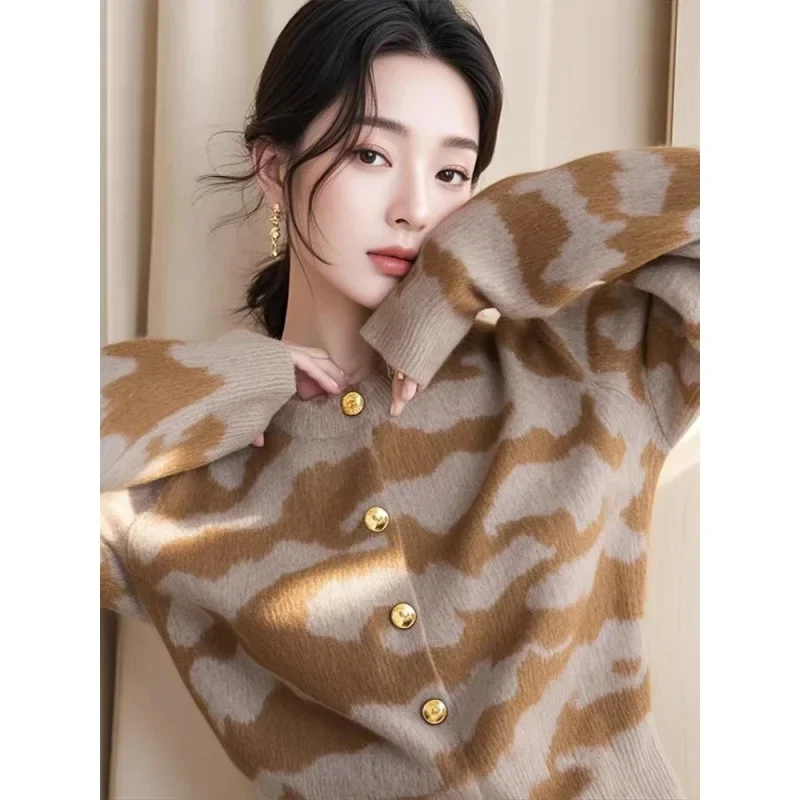 

Stylish Leopard Print Round Neck Sweater Women's Autumn Winter Fashionable Knitwear Vintage European Style High End Feeling