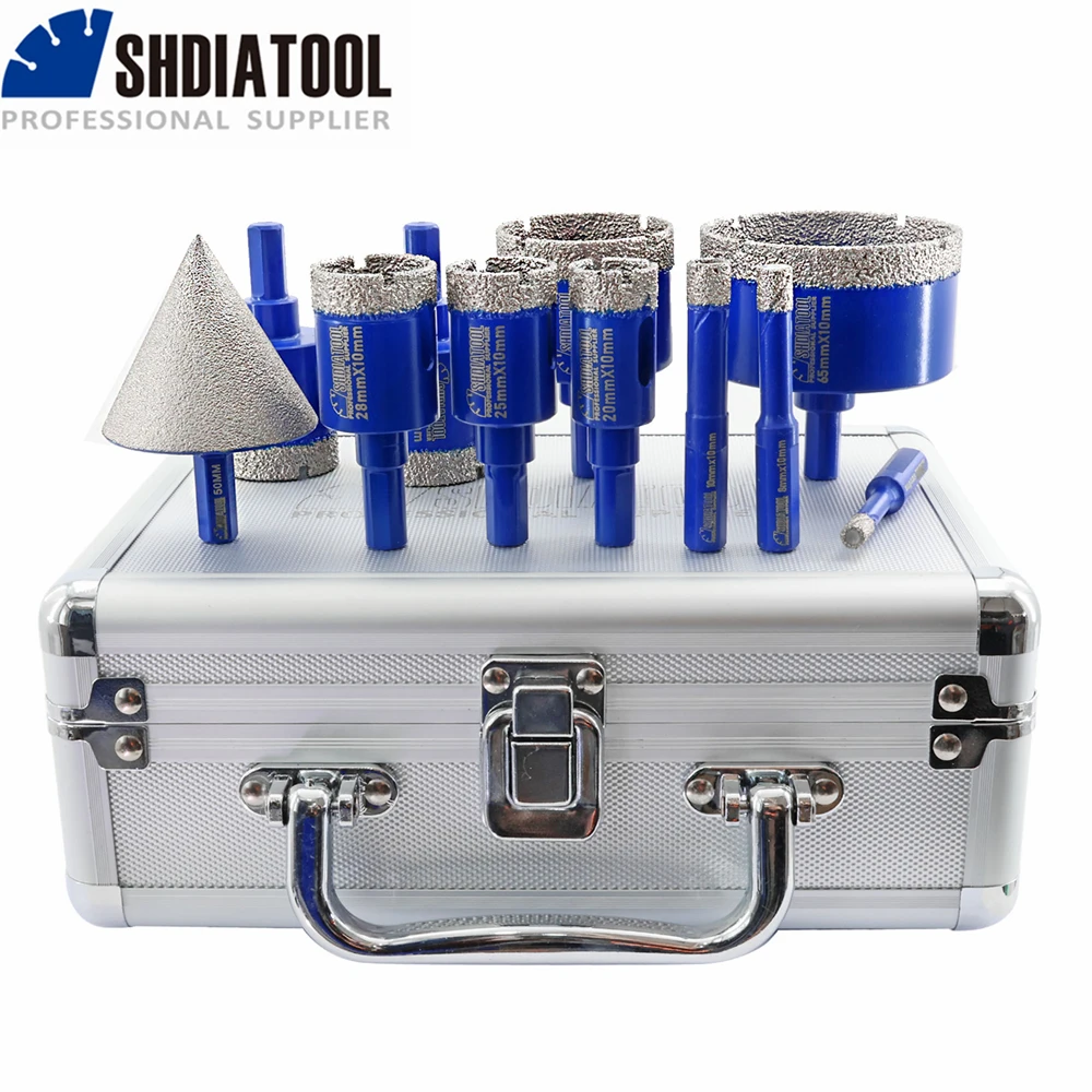 SHDIATOOL 11Pcs Diamond Drill Milling Bits 6/8/10/20/25/28/32/35/45/65mm Triangle Shank Drill Crowns 50mm Chamfer Taper With Box