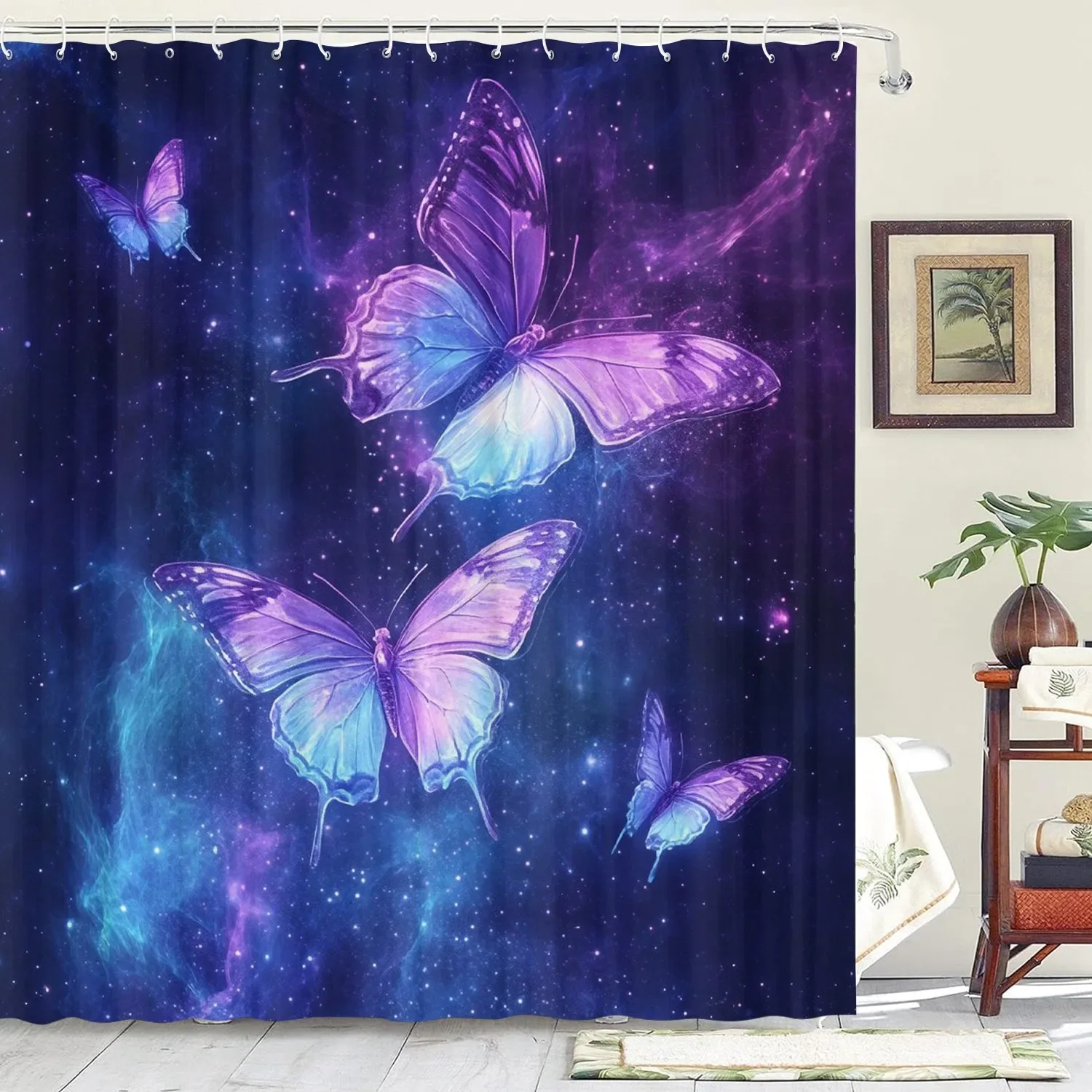 

Водонепроницаемая занавеска для ванной комнаты с красочным узором бабочки, художественная тема, с крючками, можно стирать в машине, нетканая полиэфирная ткань