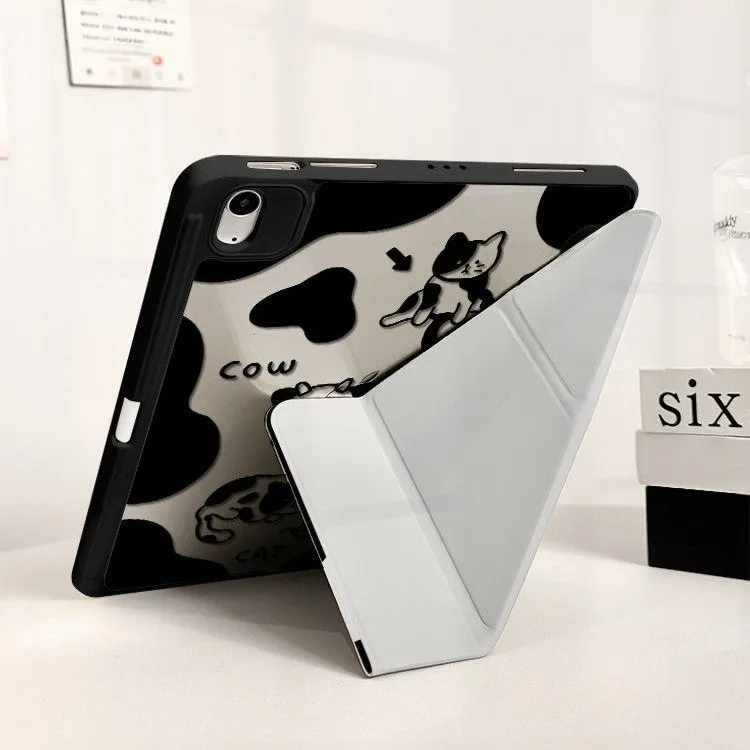 Cute Cat & Cow Cartoon Pen Slot Tablet Case For iPad 2026 Air 8 7 6 4 3 2 1 Pro 2024 11in 12th 11 10 9 8 7 6 5th Cover 4