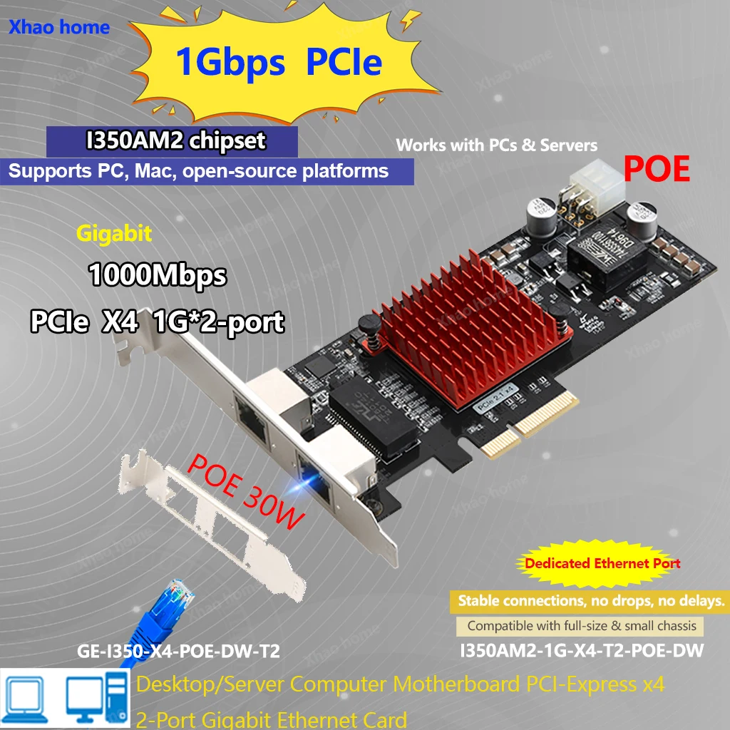 Para Intel I350-T2 puerto dual Gigabit PCI-E X4 NIC para servidor/entrada adaptador Ethernet de 1000Mbps alimentado por POE de 6 pines para Win/Linux