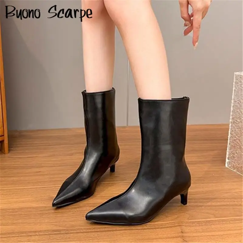 

2025 Новые женские ботинки на высоком каблуке с острым носком в западном стиле, однотонные слипоны большого размера, модная классическая сексуальная женская обувь