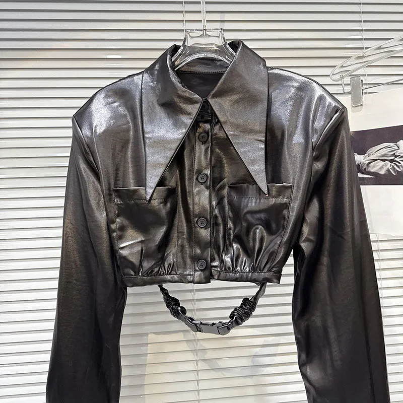 HKSH 秋の新女性ショートシャツターンダウン襟長袖シングルブレストサテンエレガントでスタイリッシュなパンクストリートトップ HK10188