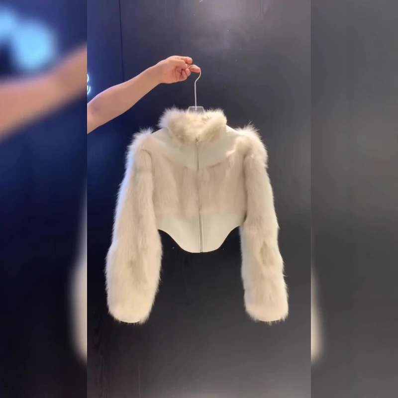 レディースレザーファーパッチワークファー付きジャケットホワイトショートジッパーぬいぐるみコートスタイリッシュフェイクファージャケット冬用スタンドウォームふわふわトップス