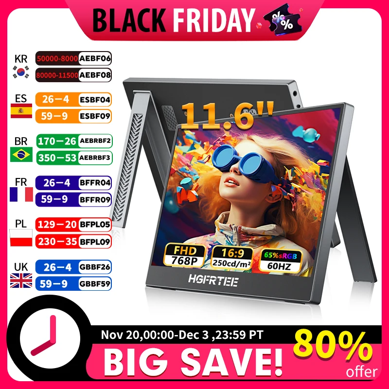 

HGFRTEE 11.6" Portable Monitor 768P 250CD/m2 - Compact External Display for Laptops And Tablets PS5 Xbox Switch
