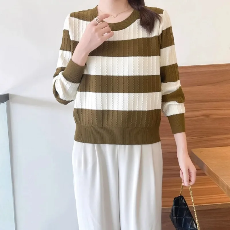

Contrast Color Striped Bottoming Shirt For Women Autumn And Winter Round Neck Knitted Sweater Pullover Long-sleeved Top
