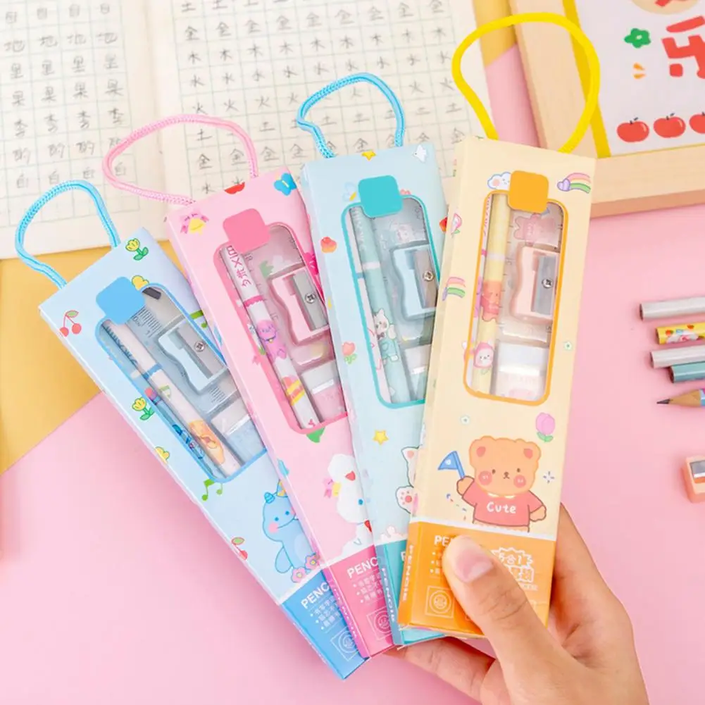 5Pcs Pencil Set Cartoon Rabbit Ruler Pencil Sharpener Eraser Pencil Stationery Kit School Student Study Writing Pencils Set