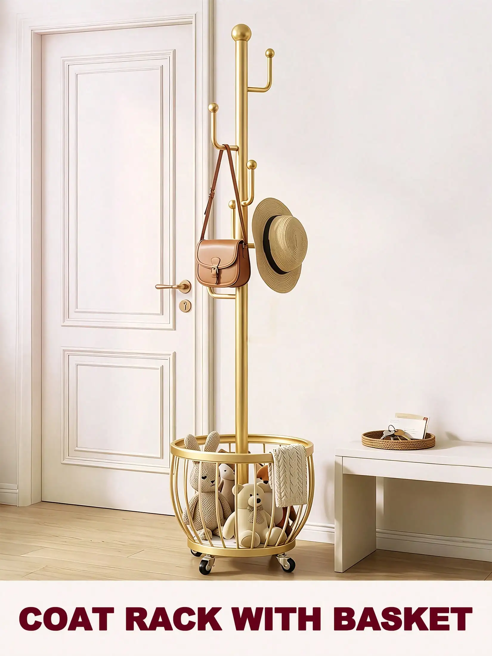 Gold Tree Coat Rack Stand With Clothes Basket, Sturdy Freestanding Coat Rack, Purse Rack Hat Rack Stand, Clothes Rack With Metal Frame, Bedroom Storage Organizeration, Home Decor, Morden Style, Coat Stand Fits Entryway Bedroom Office For Bags, Hats