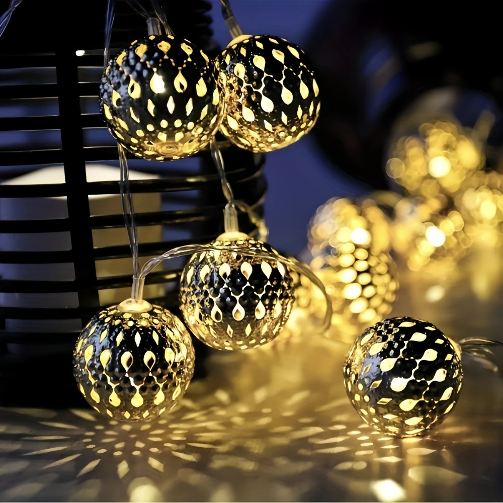 10/20 LED Moroccan Metal Ball Light String, Golden Hollow Spherical Fairy Light, Suitable For Indoor Bedroom Wedding Decoration