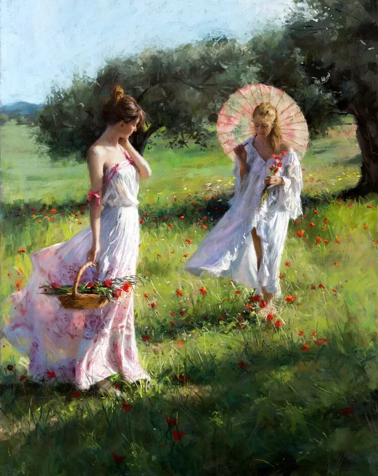 Two women picking flowers, Art Picture Print Silk Poster Living Room Decor ,Home Wall