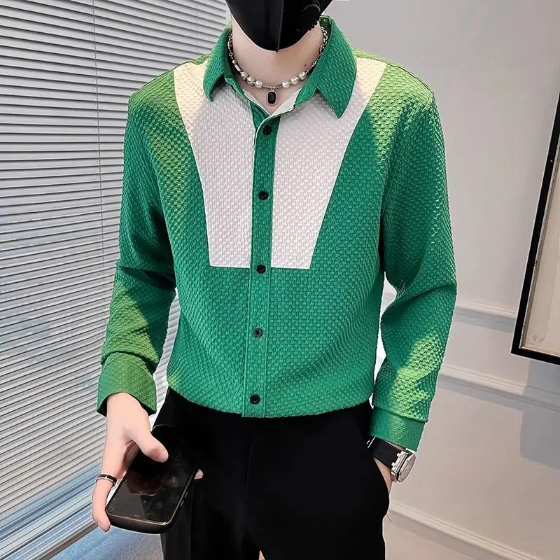 Spring Autumn  Fashion Square Collar Long Sleeve Shirts Men\'s Clothing Button Color Blocking Cardigan Korean Loose Trend Blouse