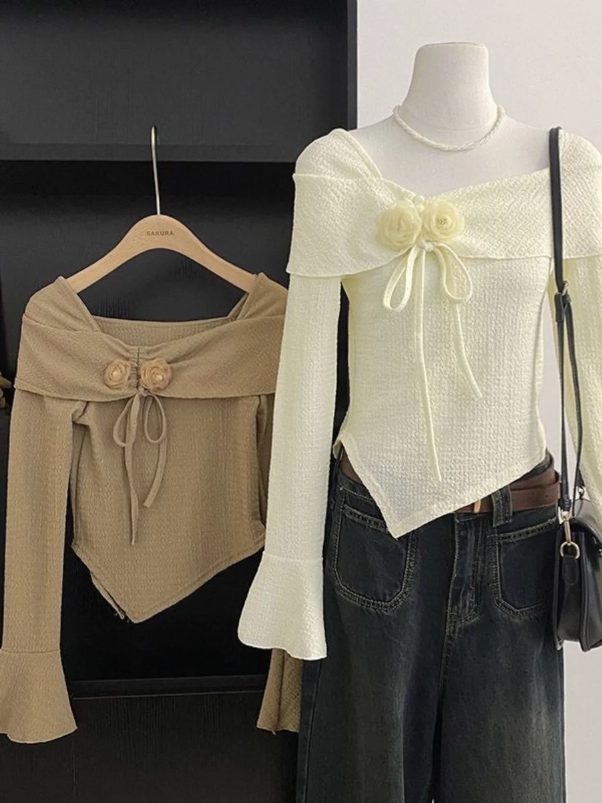 

Женская блузка Sweet Sle с длинными рукавами и квадратным воротником, с 3D цветами, модная, универсальная, в корейском стиле, осенне-зимняя, в горошек