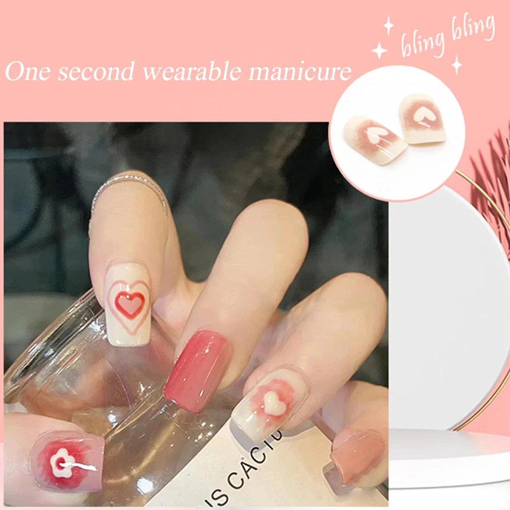 Short Glue on Nails Kit Glossy Texture Pink White Full Cover Stick on Nails for Girls Women Decoration Nail Art