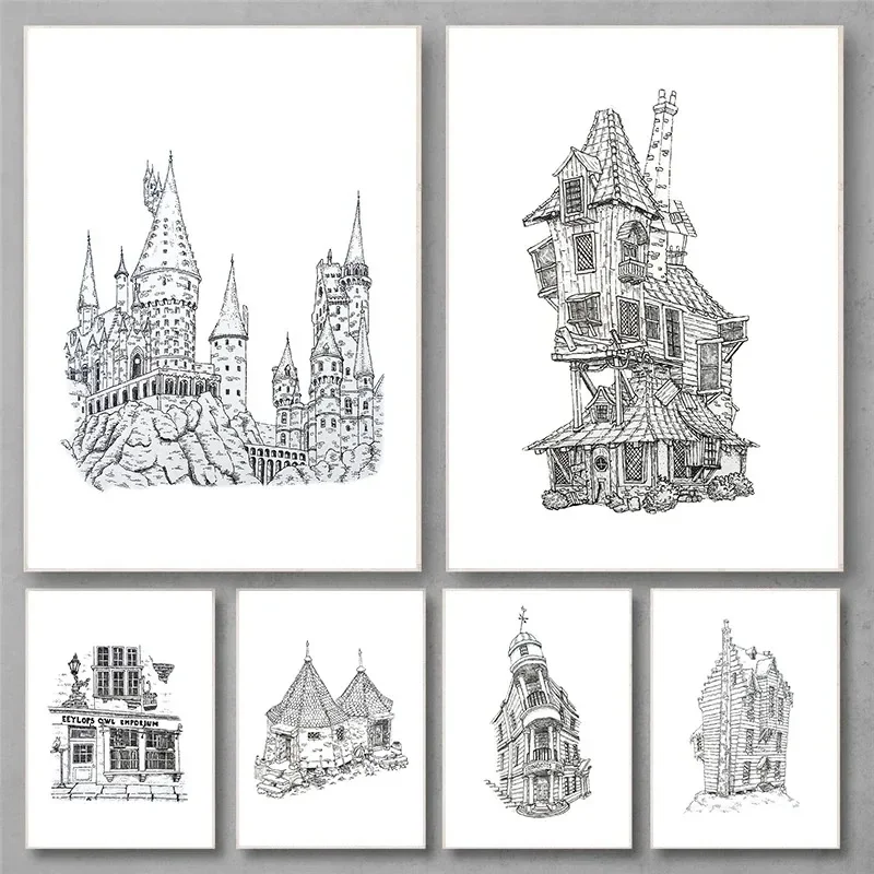 Movie Owl Magic School House Sketch Poster Black and White Classic Wizard Canvas Painting Wall Picture Kids Room Home Decor Gift