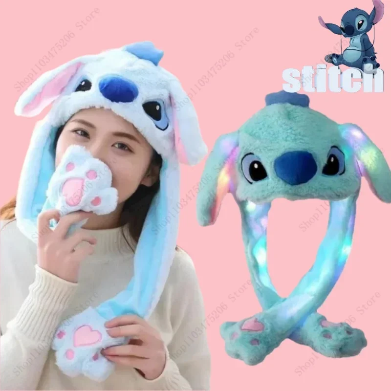 2024 Disney Stitch Glowing Plush Ear Moving Jumping Rabbit Hat Funny Glowing Ear Moving Bunny Hat Cosplay Christmas Party Hat