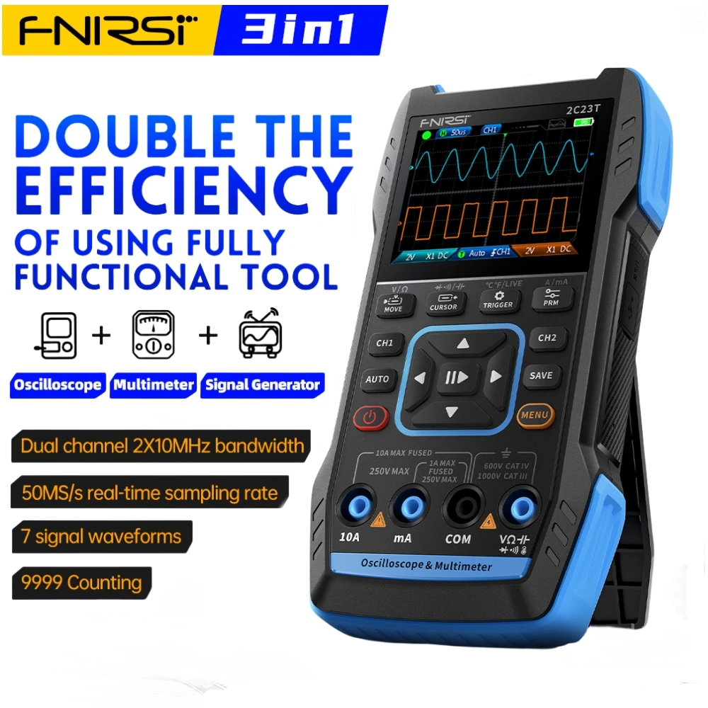 FNIRSI 2C23T 3 in 1 Multimeter Digital Oscilloscope Function Signal Generator 9999counts AC DC Voltage 50MS/s 10MHz Dual Channel