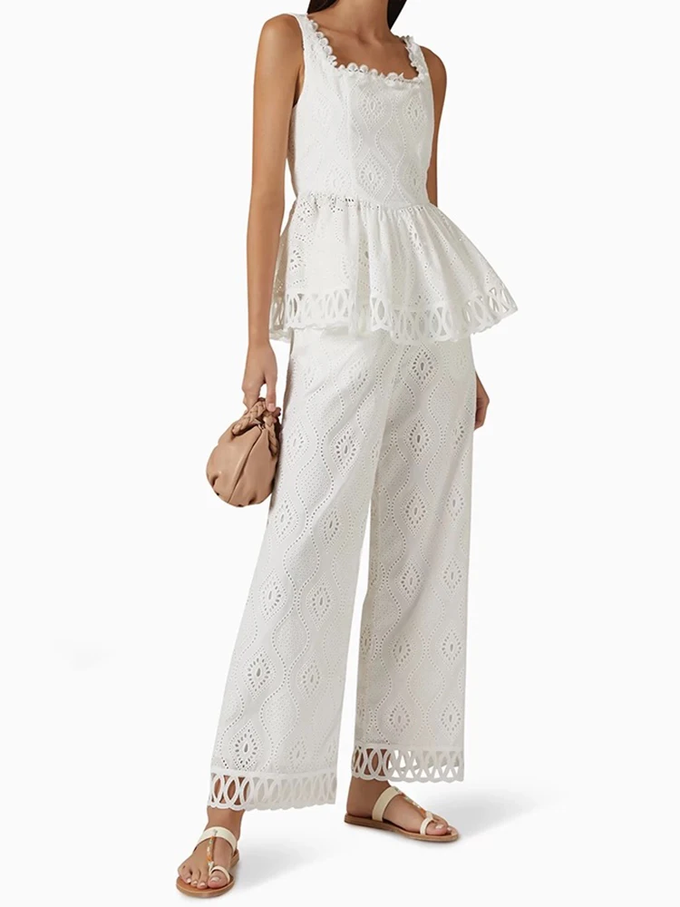 

Temperament summer new women's pants with square neck embroidery hollow coat elastic waist wide leg pants casual two-piece suit