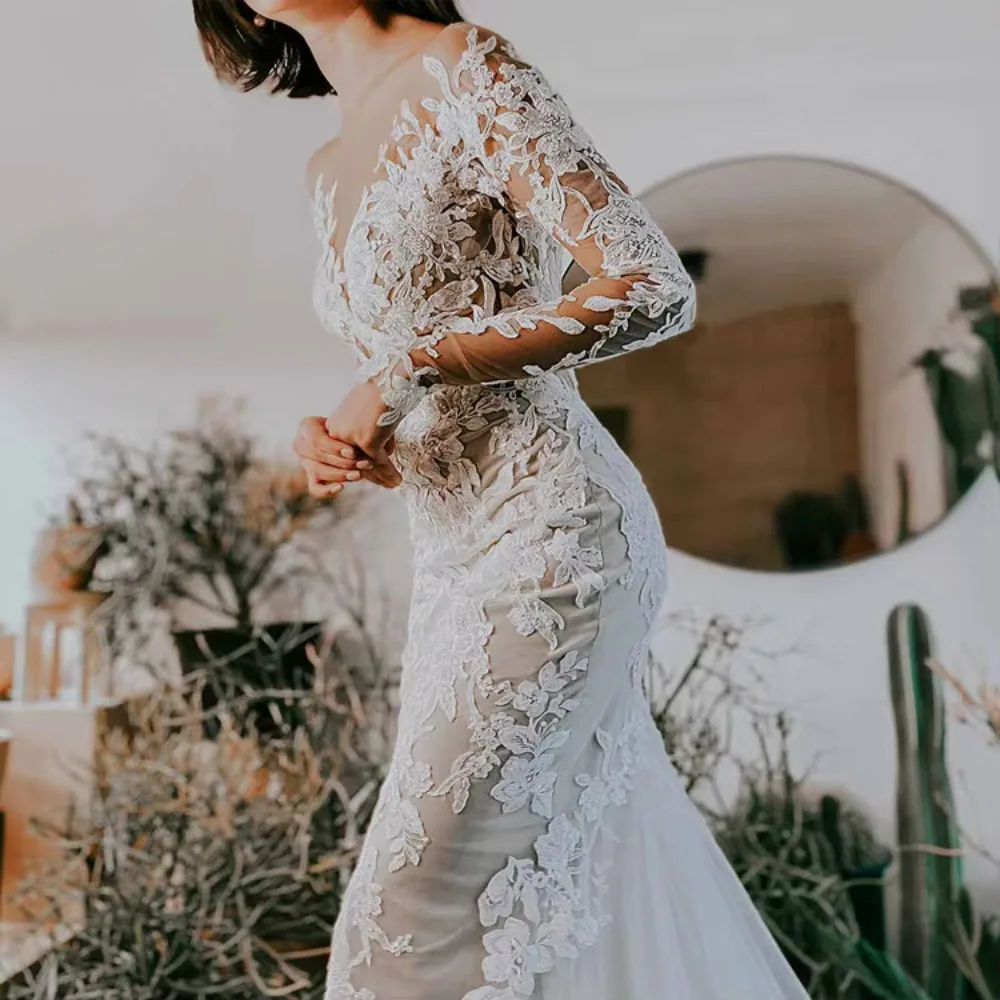 Sexy Mermaid Weddings Dresses Bridal New O Neck Chiffon Decal Bead Embroidery Vestido De Boda Perspective Brautkleid Hochzeit