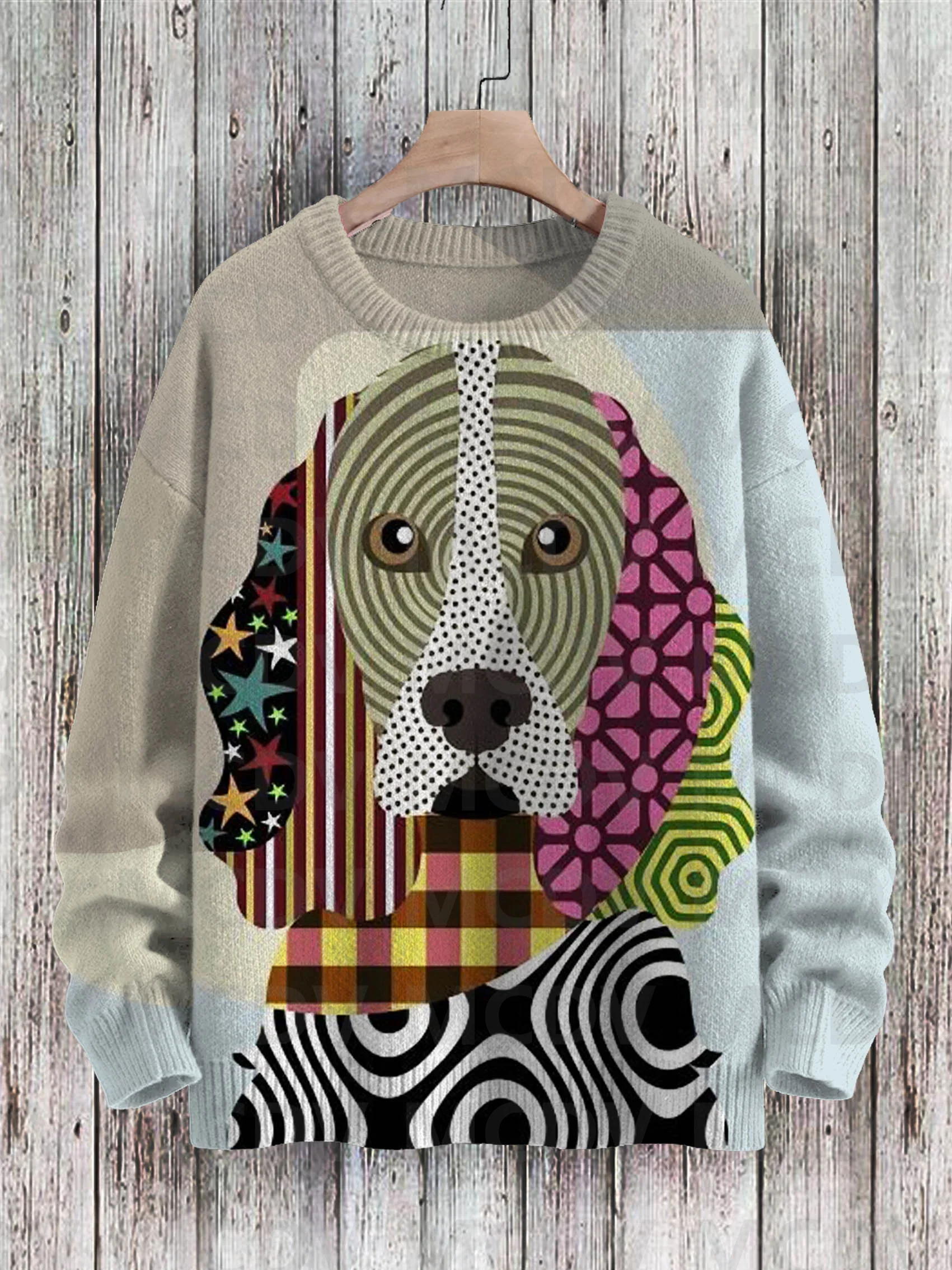 Cute Abstract Geometric Dog Art Pattern Print Casual Knit Pullover Sweater Classic Sweater Men's For Women's Pullover