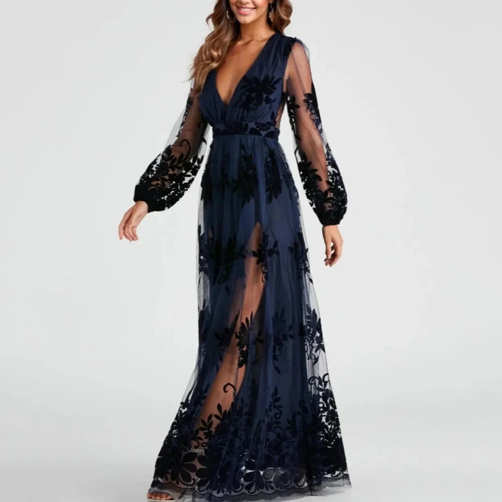 

Lace Appliques V Neck Mother Of The Bride Dresses For Weddings A Line Ankle Length Formal Dress Long Puffy Sleeves Wedding Party