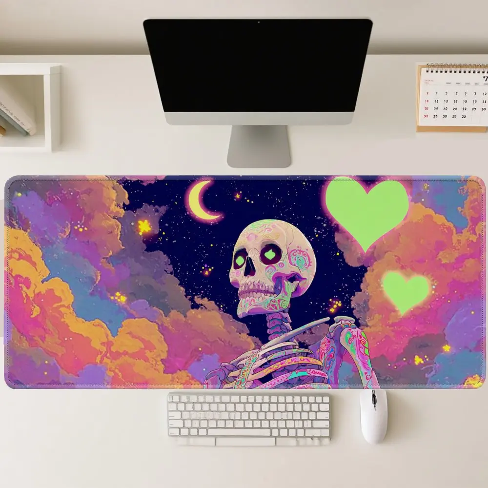 Neon Skeleton Day of the Dead Mouse Pad XL Colorful Stars Night Sky Gaming Desk Mat Durable Rubber Base