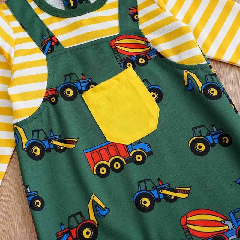 Baby Jumpsuit Cute Cartoon Strap Engineering Car Print Comfortable And Soft Spring And Autumn Long Sleeves 0-18m Newborn Clothes