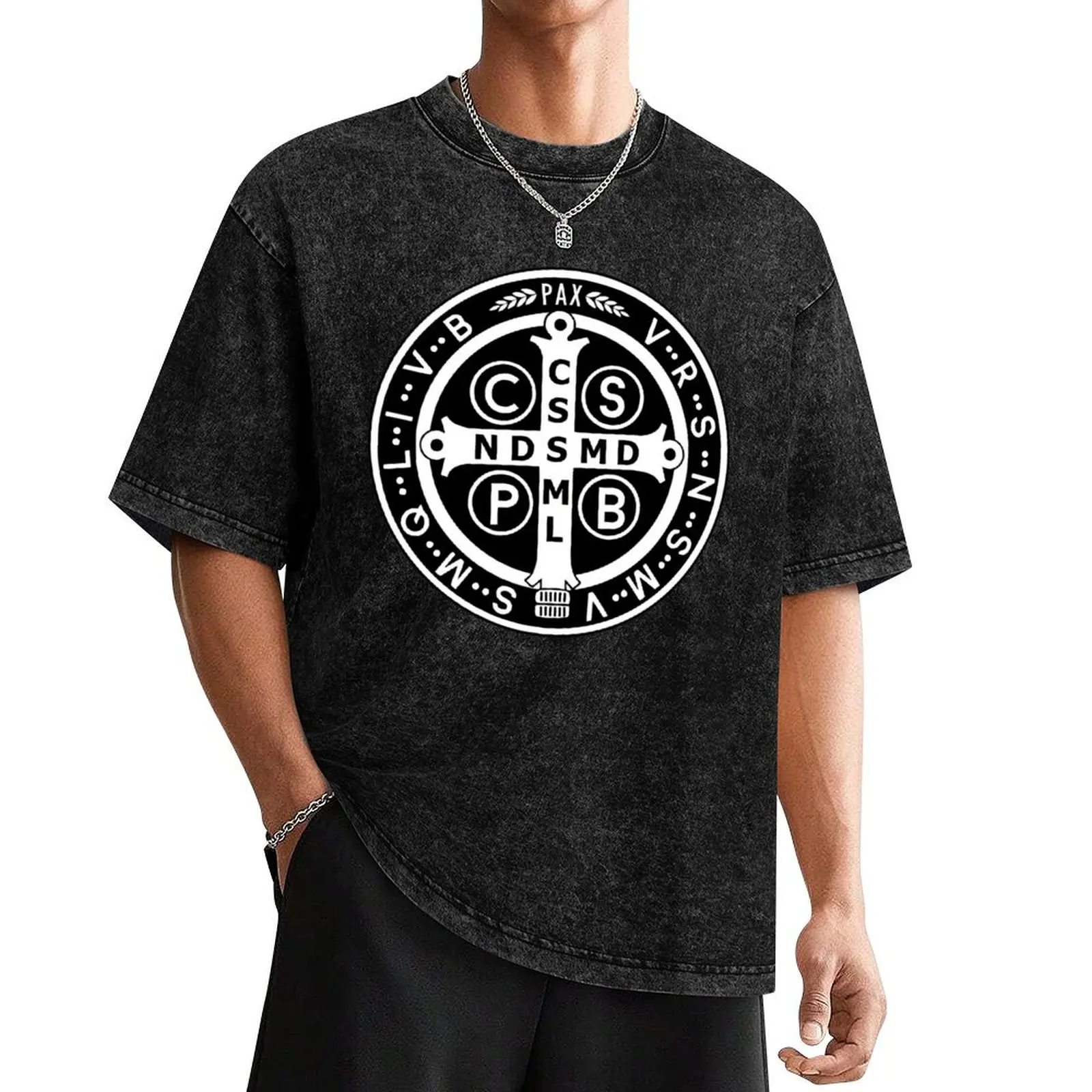 Saint Benedict Medal Black White T-Shirt heavyweights cute tops t shirt for men