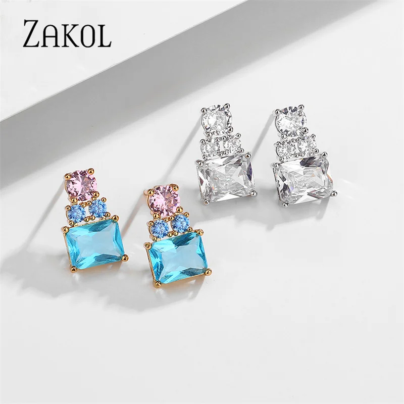 ZAKOL New Sliver Color Square Cubic Zirconia Stud Earrings for Women Light Blue Pink Bottle Crystal Earring Girls Party Jewelry