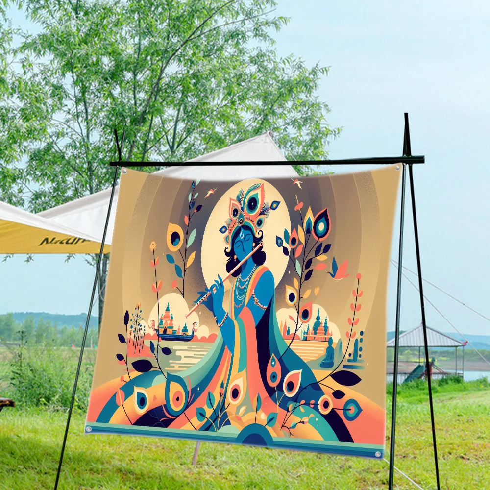 Lord Krishna India God Flag Creative Pattern Hanging Polyester Printed Banner Hand Pulled Flag Class Camping Birthday Outdoors