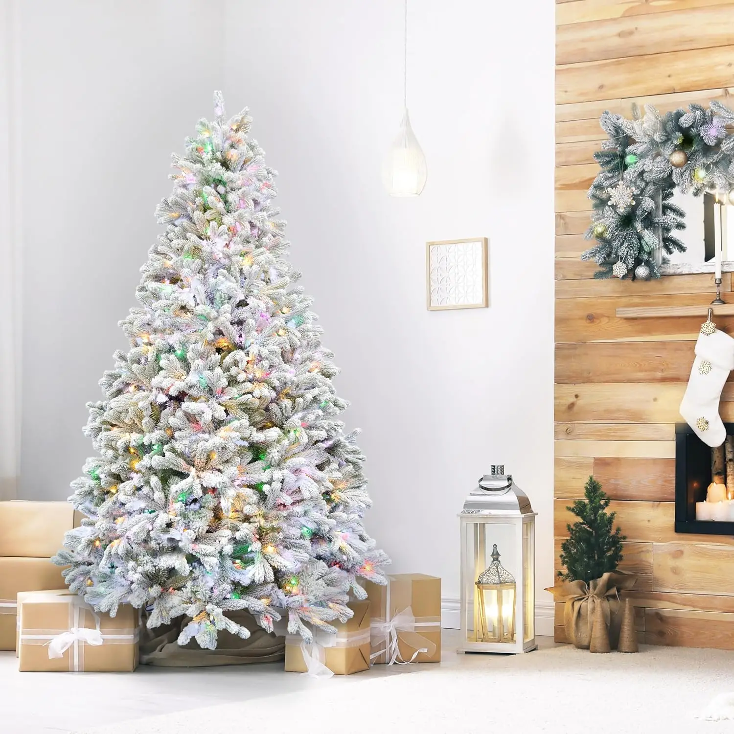 

6.5-Ft. Flocked Artificial Half Christmas Tree with Multicolor LED Lights and Stand, with Realistic Snowy Foliage