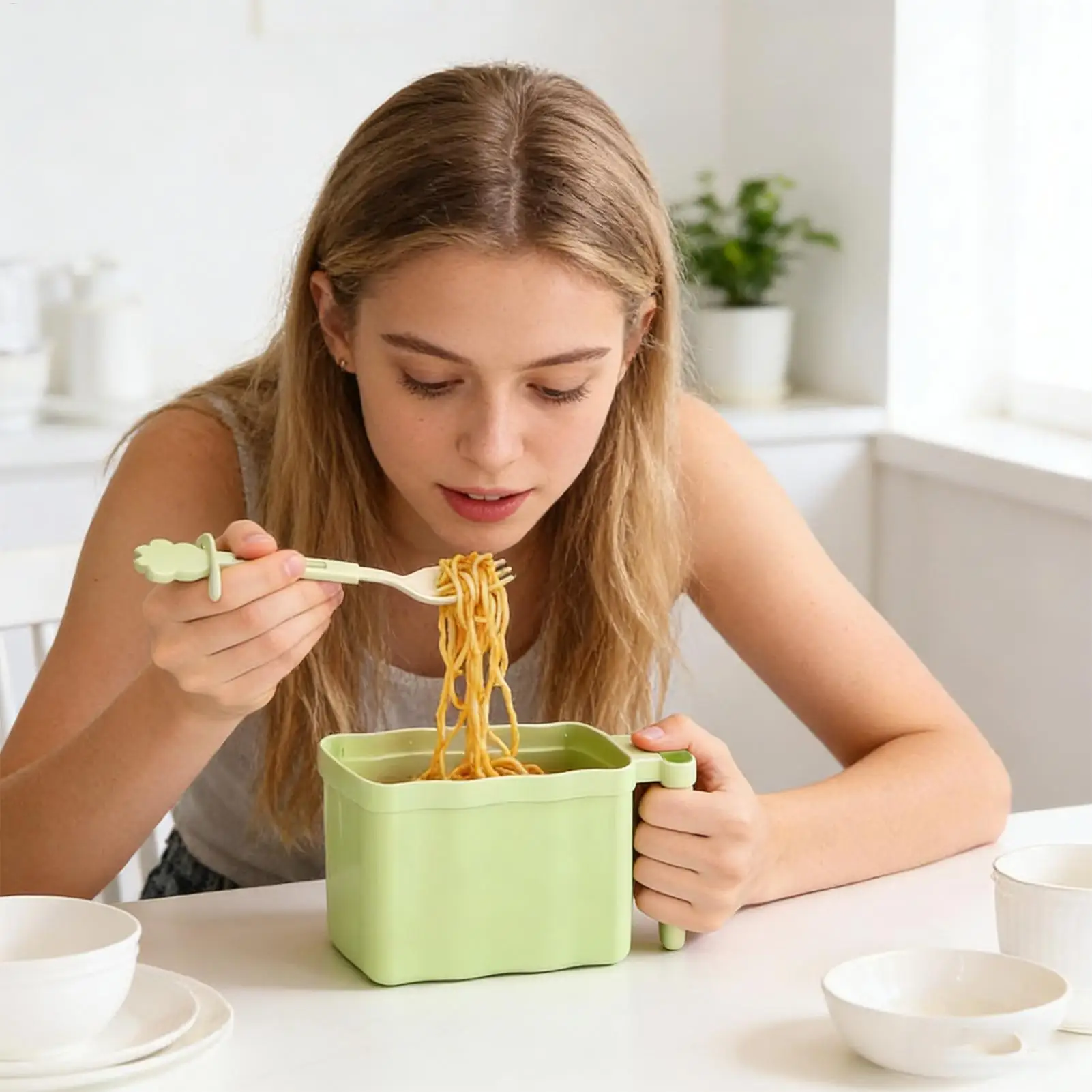 Portable Noodle Cup Holder No-Wash Cup With Lid Cat Ear Design Instant Noodle Bowl With Drainage Fork Storage And Handle For