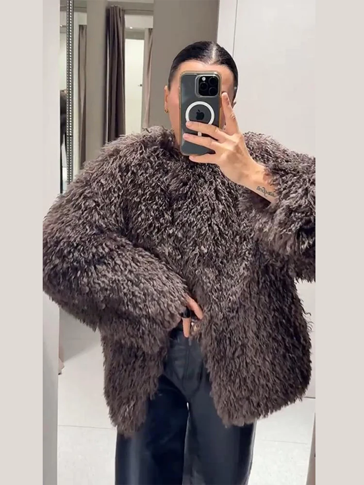 

Casual Brown Faux Fur Coat Women Fluffy Full Sleeve O-neck Thick Warm Female Jacket 2025 Autumn Winter Lady Outwear