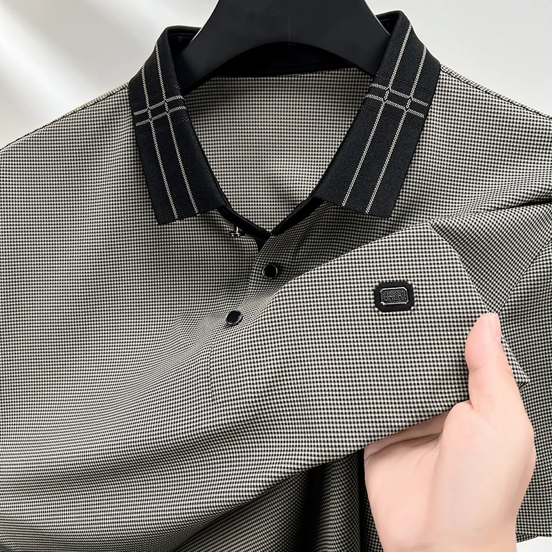 

High end brand ice silk seamless men's polo shirt short sleeved 2025 summer new fashionable letter print casual lapel T-shirt
