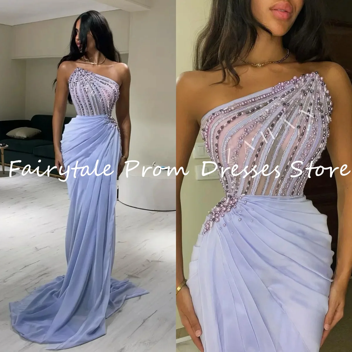 Fairytale Saudi Arabia Crystal Luxury Evening Dresses Lavender Beads Sexy Pearls Formal Women Prom Dress Trumpet Wedding Party