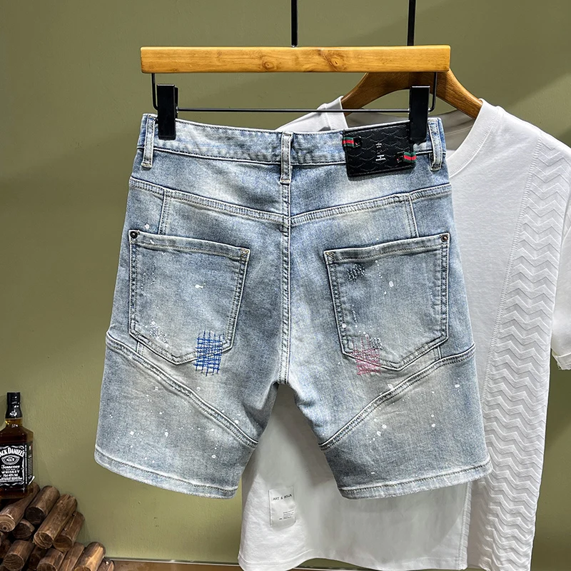 Summer Fashion Men Jeans Retro Light Blue Stretch Slim Painted Short Ripped Jeans Embroidery Designer Hip Hop Denim Shorts Men