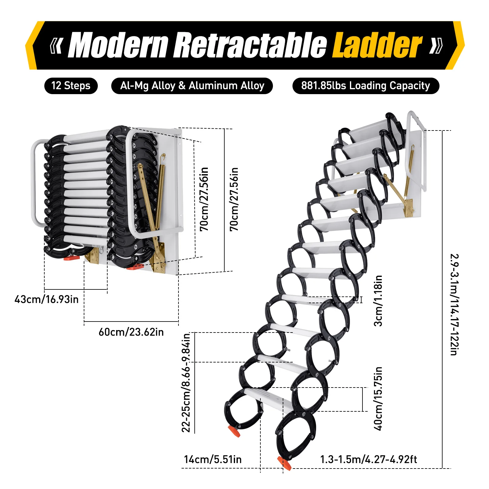 Folding Attic Ladder Wall-Mounted 12 Steps 2 Safe Handrail Durable Black White Anti-Slip for Attics, Garages, Roofs