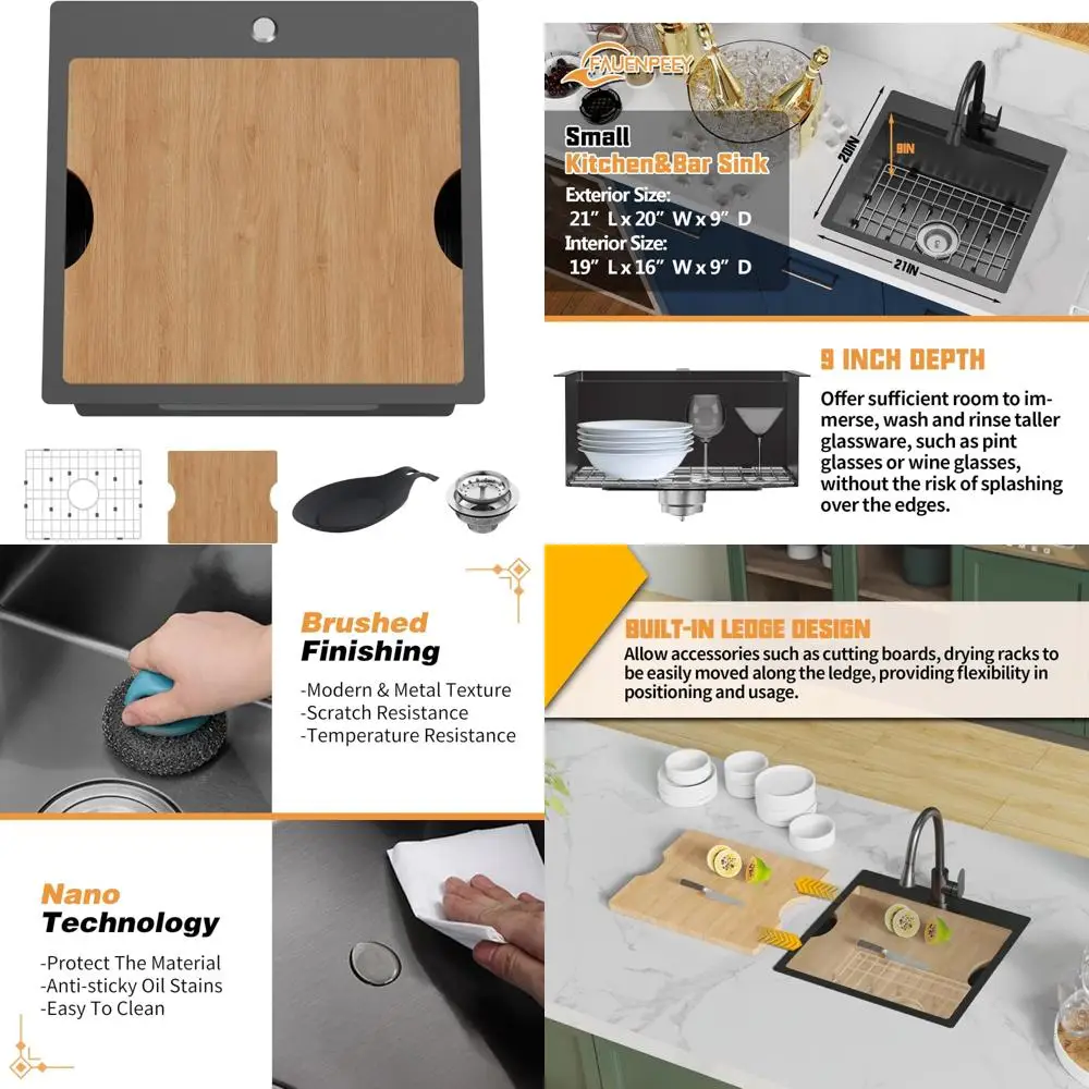 

Stainless Steel 21x20 Inch Drop-In Single Bowl Kitchen Sink with Built-in Ledge for Bar Use and Small Topmount Workstation