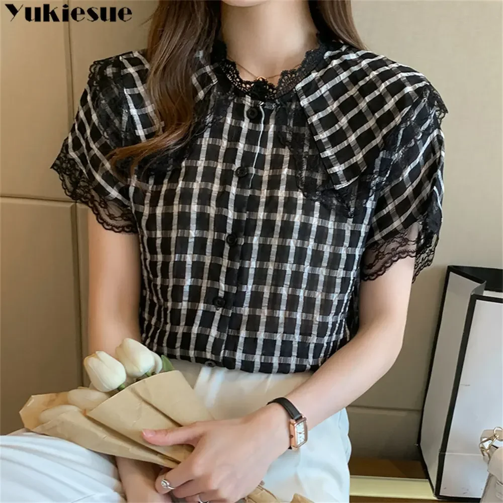 

Летние элегантные футболки в корейском стиле, шифоновые тонкие популярные женские одежды Grace, повседневная модная элегантная прямая клетчатая одежда с принтом