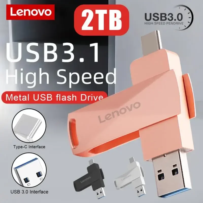 Lenovo-Type C USB Flash Drive, Disco de Memória, Pendrive, Disco de Memória, Chaveiro Livre para PC, OTG, 2 em 1, 128GB, 1TB, 2TB