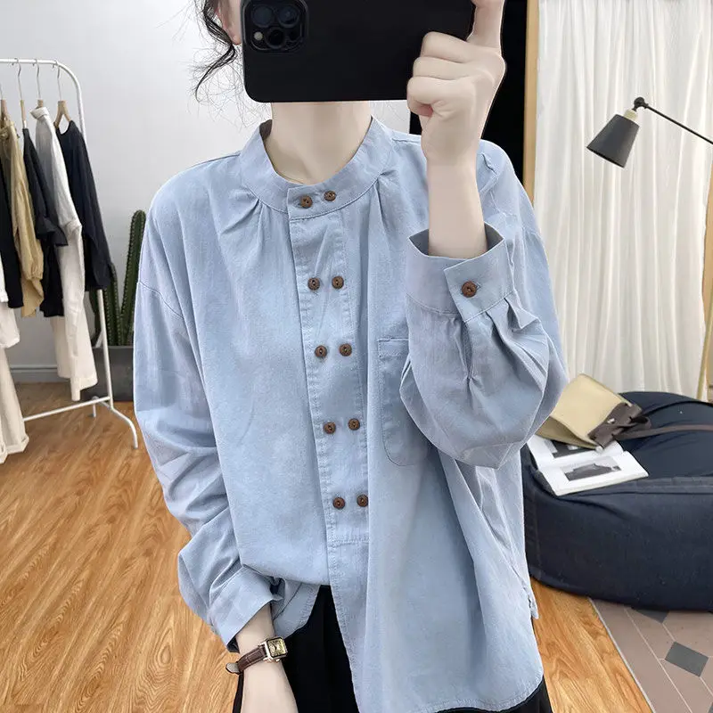 2024 Elegant Fashion Kawaii Shirt Solid Button Pure Cotton Stand Pure Cotton Long Sleeve Tops Women Loose Casual Female Clothes