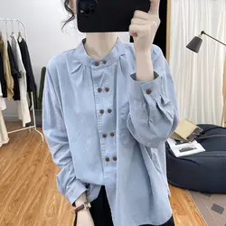 2024 Elegant Fashion Kawaii Shirt Solid Button Pure Cotton Stand Pure Cotton Long Sleeve Tops Women Loose Casual Female Clothes