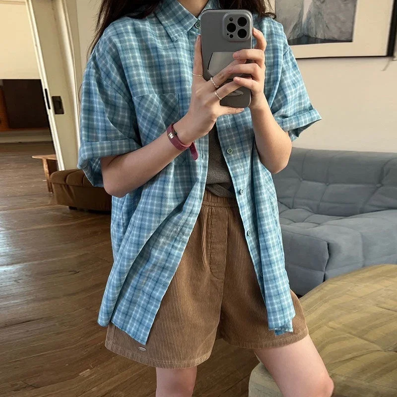 QWEEK Plaid Women Shirt Vintage Long Sleeve Korean Style Detachable Oversized Casual Harajuku Autumn Clothes 2024 Japanese