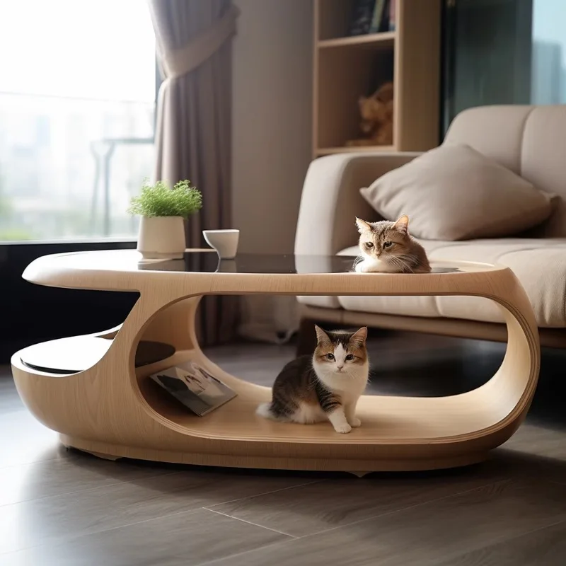 

People and cats share coffee table furniture, cat nest is universal in all seasons