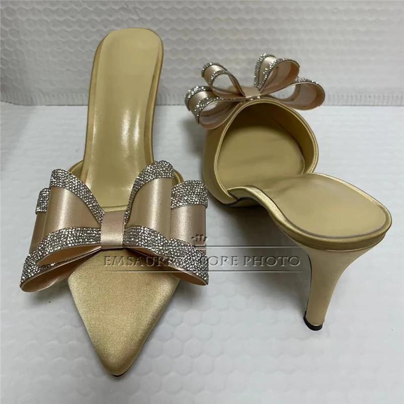 Jeweled Crystal Butterfly-Knot Sandals Women 8cm Thin High Heel Luxury Satin Pointed Toe Slingbacks Summer Mules